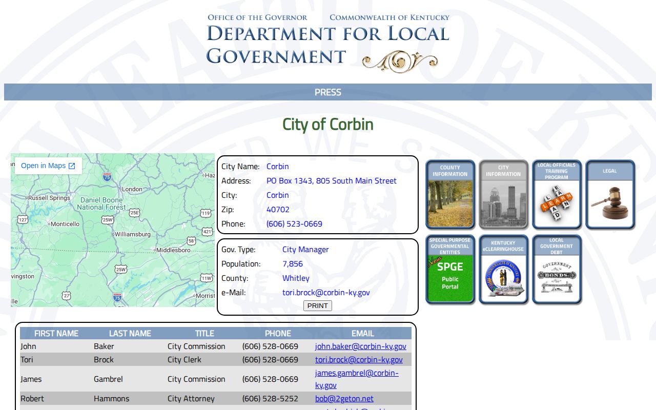 Corbin Kentucky official city profile and police record contacts
