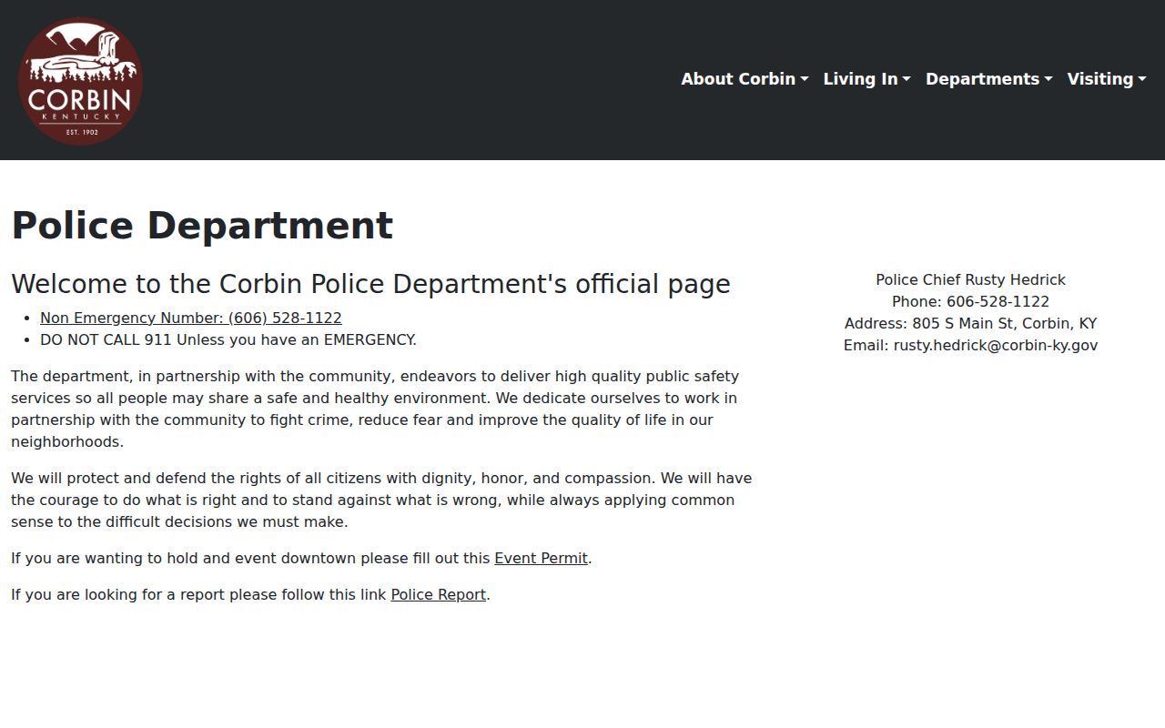 Corbin Police Department official arrest report access page
